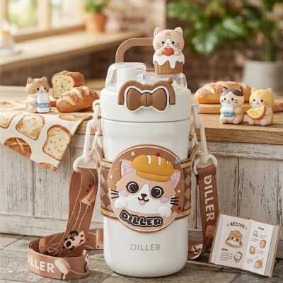 Diller D9391 Kedi Figür Paslanmaz Çelik Desenli Termos 490 Ml Kahverengi Unisex Termos Ve - DILLER (1)