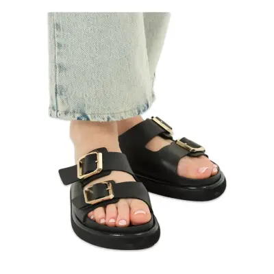 Lemoors Wmars102 Maria Smooth Deri Günlük Bantli Siyah Kadın Terlik - 1