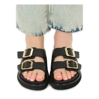 Lemoors Wmars102 Maria Smooth Deri Günlük Bantli Siyah Kadın Terlik - 3