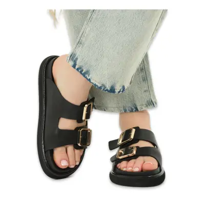 Lemoors Wmars102 Maria Smooth Deri Günlük Bantli Siyah Kadın Terlik - 4